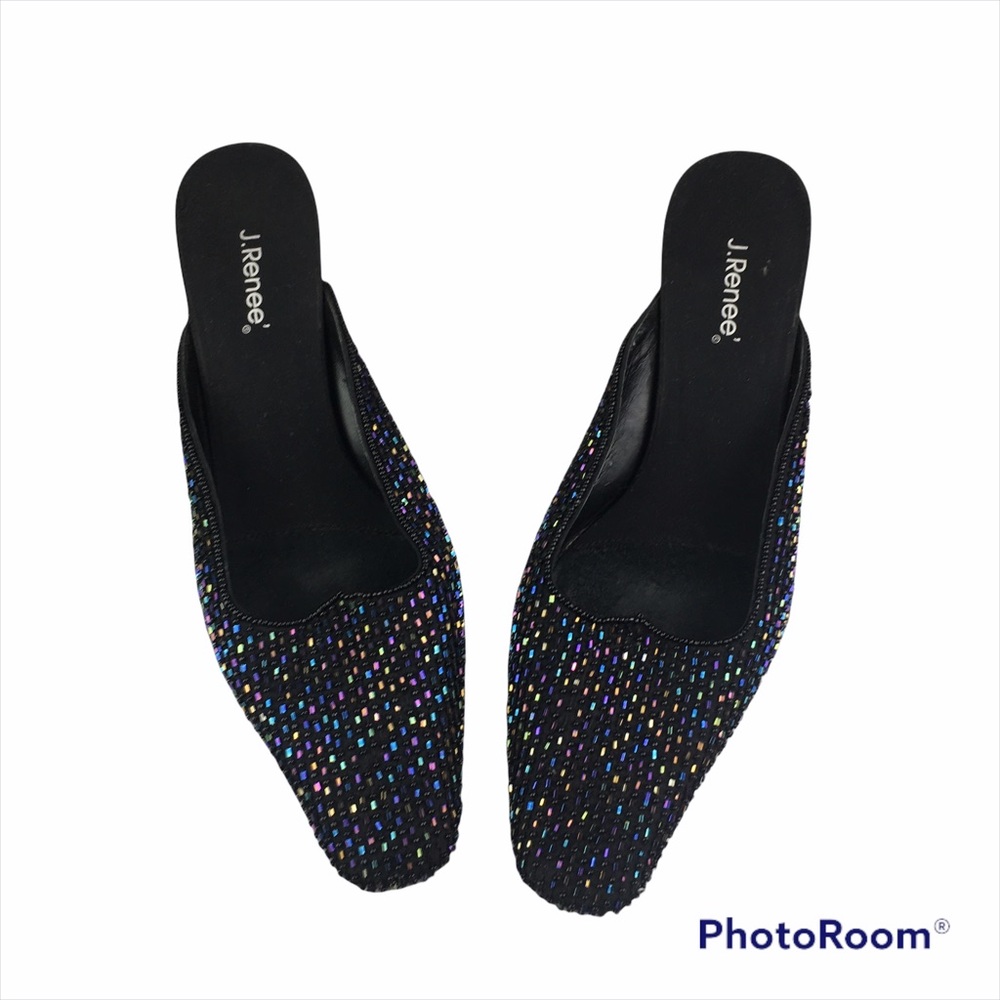 J. Renee beaded iridescent kitten heel slides